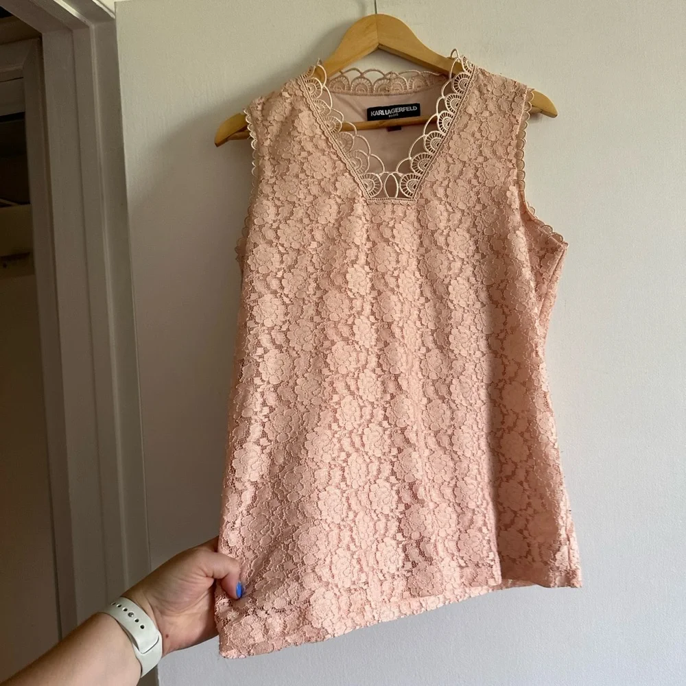 Karl Lagerfeld Paris Light Pink Lace Eyelet Designer Tank Top Size Medium EUC - Picture 3 of 10